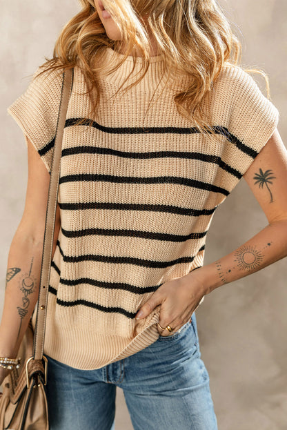 Striped Ribbed Knit High Neck Sweater | Parchment