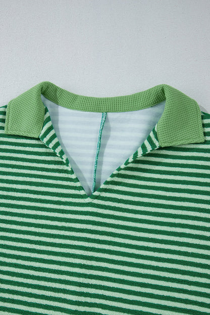 Turn-Down V Neck Patchwork Loose Top | Green Stripe