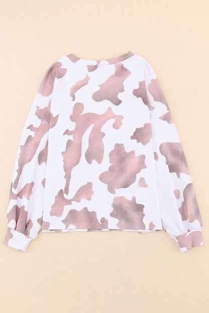 Cow Spots Print Drop Shoulder Puff Sleeve Sweatshirt | Brown