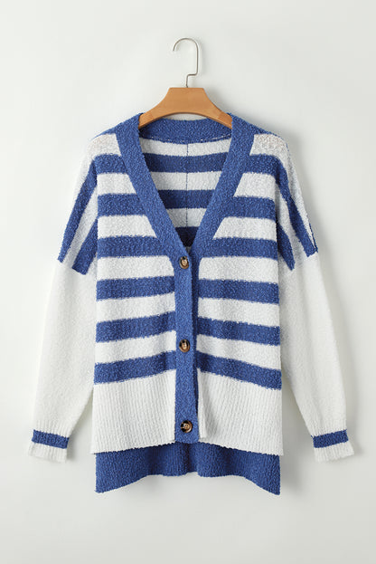 V Neck Buttoned High Low Sweater Cardigan | Blue Stripe