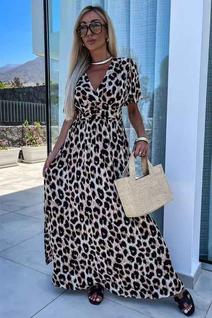 Leopard V Neck Cinched High Waist Open Back Maxi Dress | Khaki