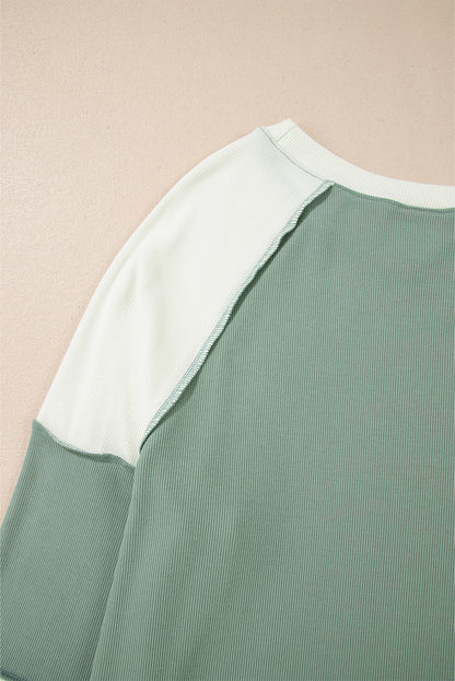 Ribbed Colourblock Patchwork Raglan Long Sleeve Top | Mint Green