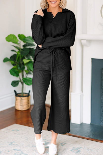 Solid Textured Collared V Neck Top And Wide Leg Pants Set | Black