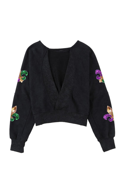 Mardi Gras Sequin Fleur De Lis Open Back Sweatshirt | Black