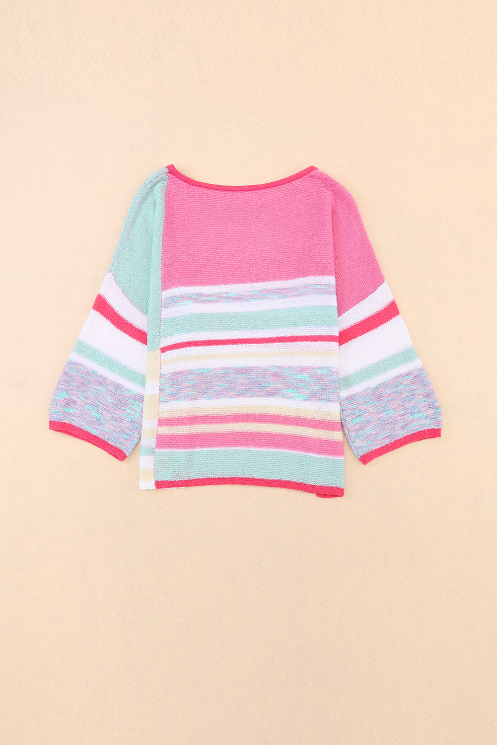 Colour Block Striped Three-Quarter Sleeve Knitted Top | Pink