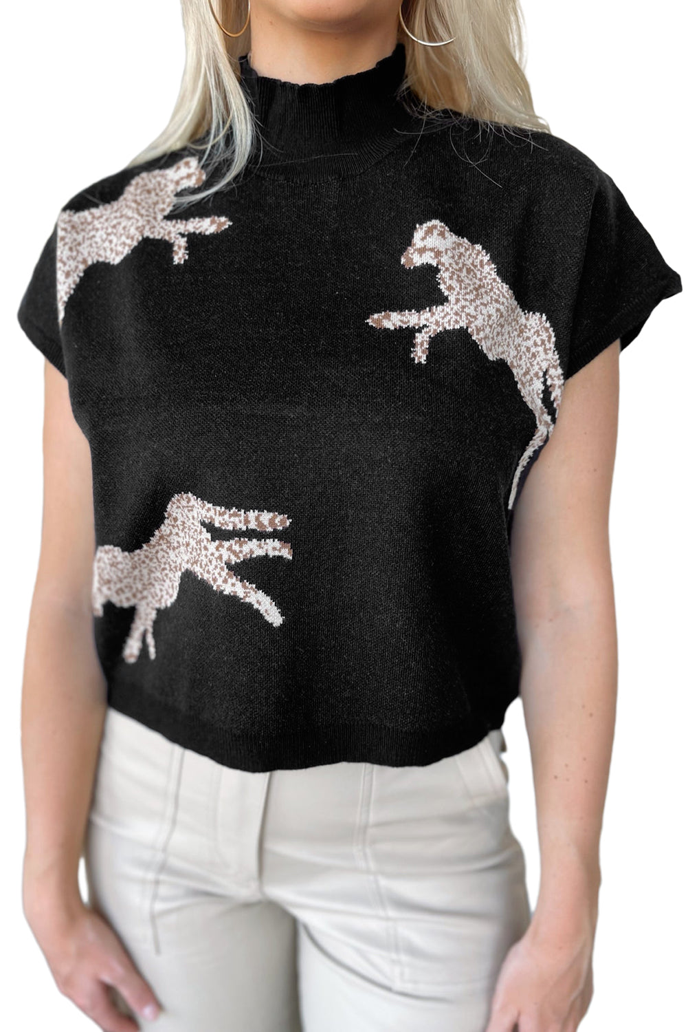 Lively Cheetah Pattern High Neck Short Sleeve Sweater | Black