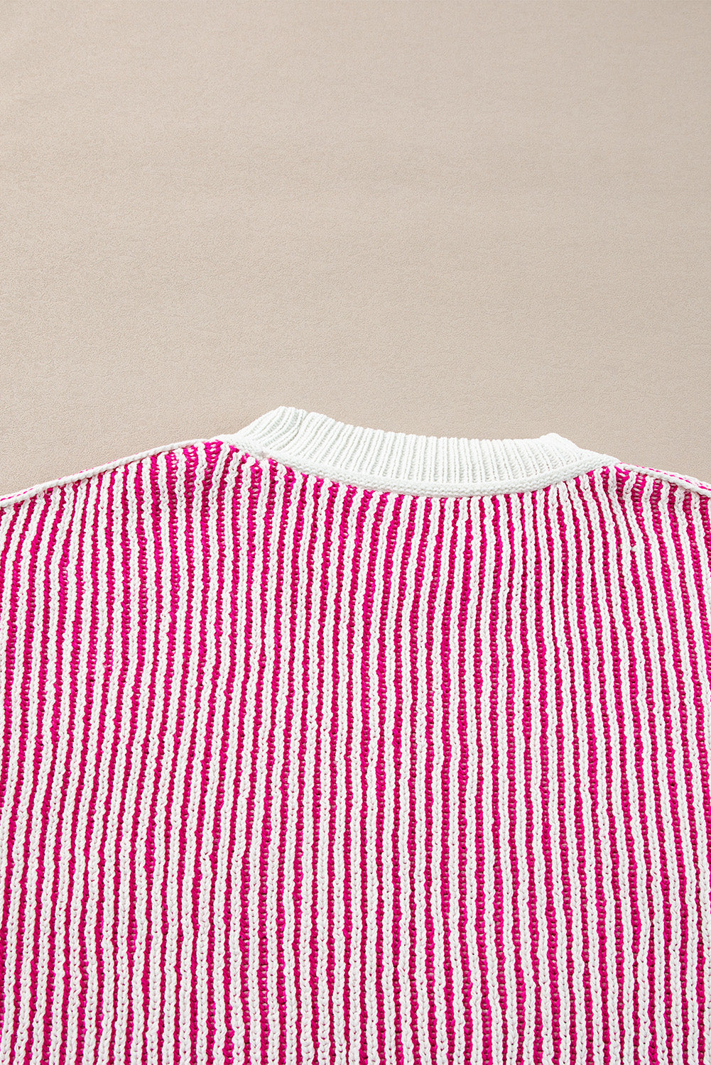 Striped Textured Knit Contrast Edge Loose Sweater | Bright Pink