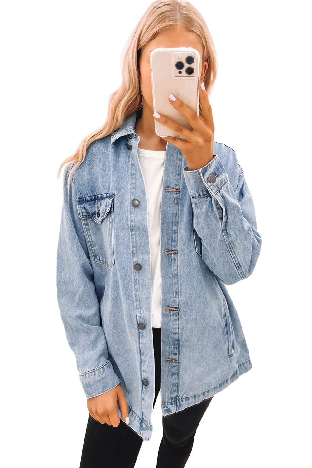 Acid Wash Flap Pocket Boyfriend Shacket | Sky Blue