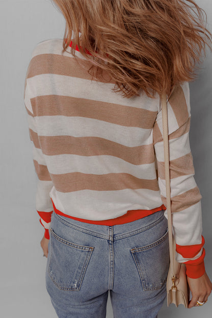 Colourblock Striped Round Neck Drop Shoulder Sweater | Apricot