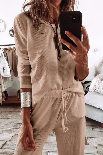 Textured Long Sleeve T Shirt And Pants Lounge Set | Parchment