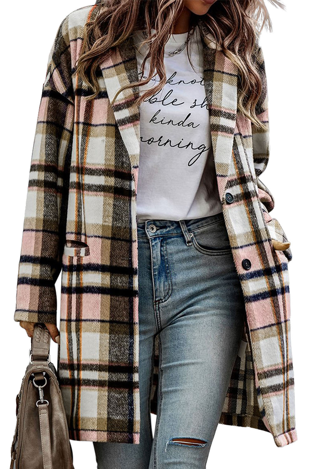 Plaid Button Up Lapel Jacket | Pink