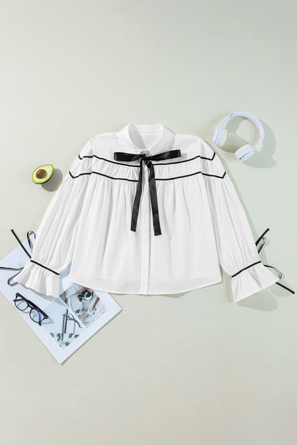 Black Pipping Ribbon Bowtie Collared Ruffled Puff Sleeve Shirt | White