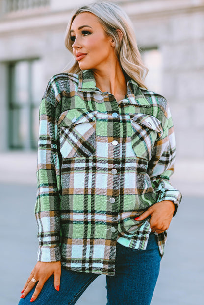 Geometric Plaid Print Pocketed Shacket | Green