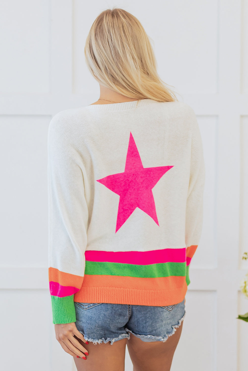 Star Pattern Colourblock Striped Edge Drop Shoulder Sweater | White