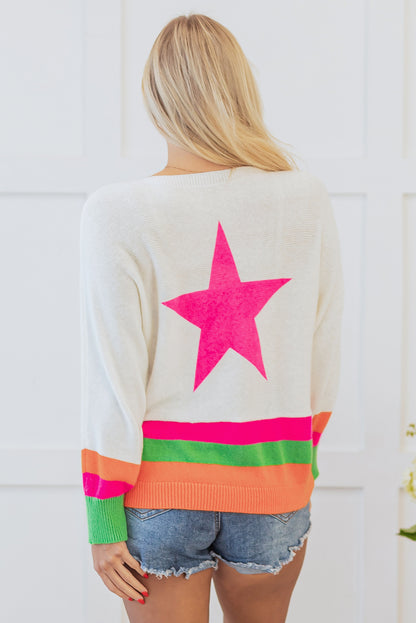 Star Pattern Colourblock Striped Edge Drop Shoulder Sweater | White