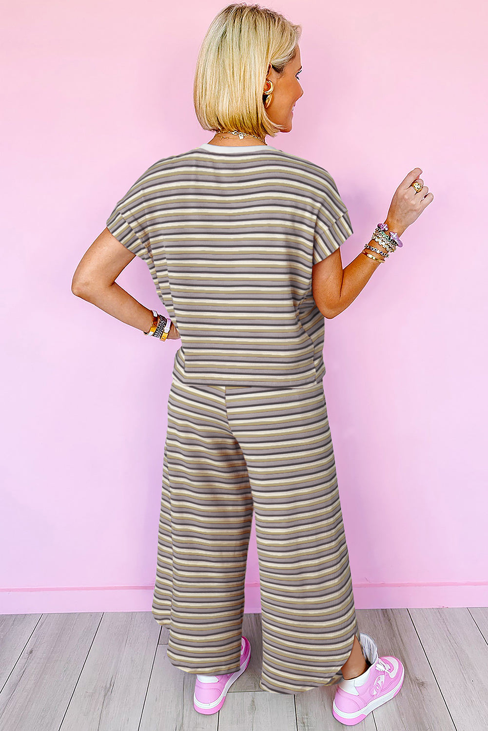 Rainbow Tee Tasseled String Wide Leg Pants Set | Black Stripe