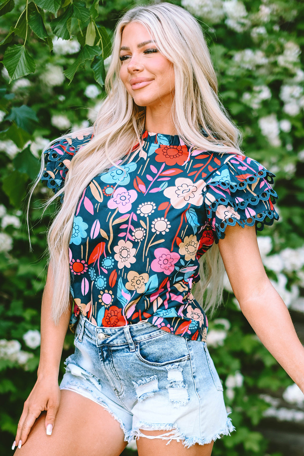 Trimmed Ruffle Sleeve Summer Floral Blouse | Green