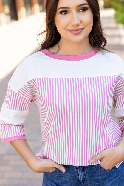 Striped Patchwork 3/4 Sleeve Casual Top | Phalaenopsis