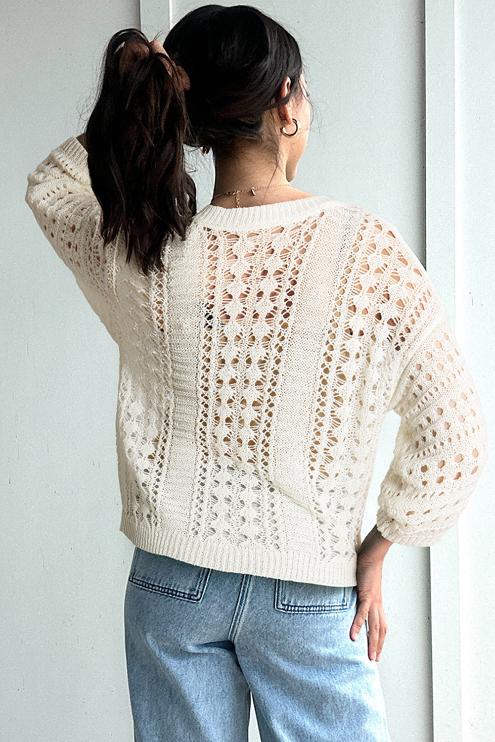 Hollow Out Knit Bracelet Sleeve Drop Shoulder Sweater | White