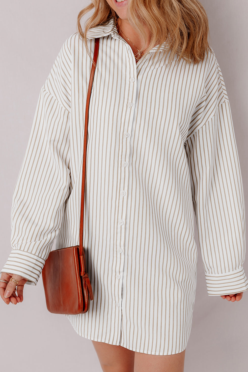 Long Sleeve Button Up Mini Shirt Dress | Khaki Stripe