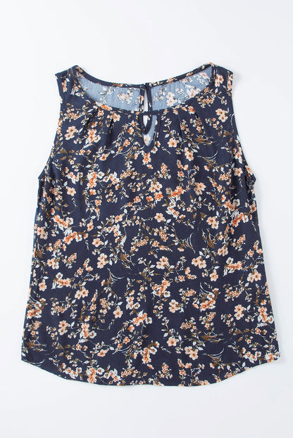 Cutout Decor Round Neck Floral Tank Top | Blue