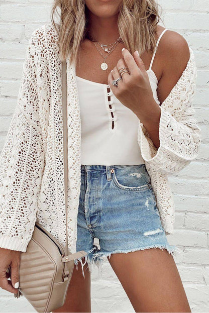 Stylish Hollow Out Knit Drop Shoulder Cardigan | White