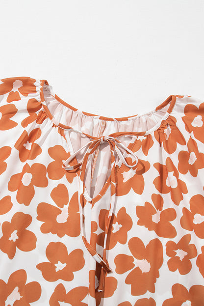 Plus Size Floral Print Drawstring V Neck Short Sleeve Blouse | Orange