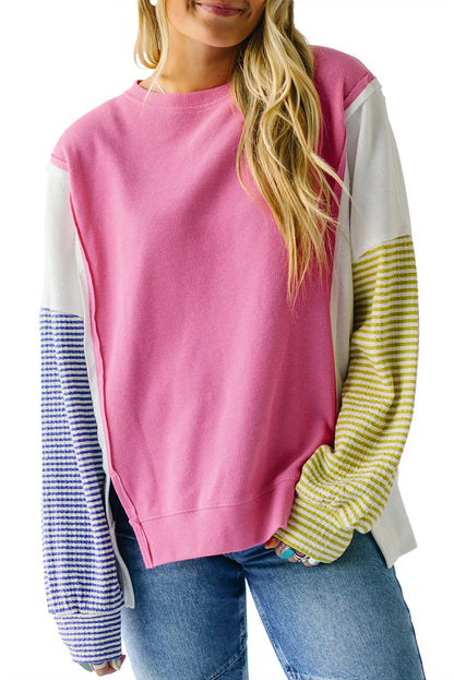 Exposed Seam Striped Colour Block Patchwork Long Sleeve Top | Sachet Pink