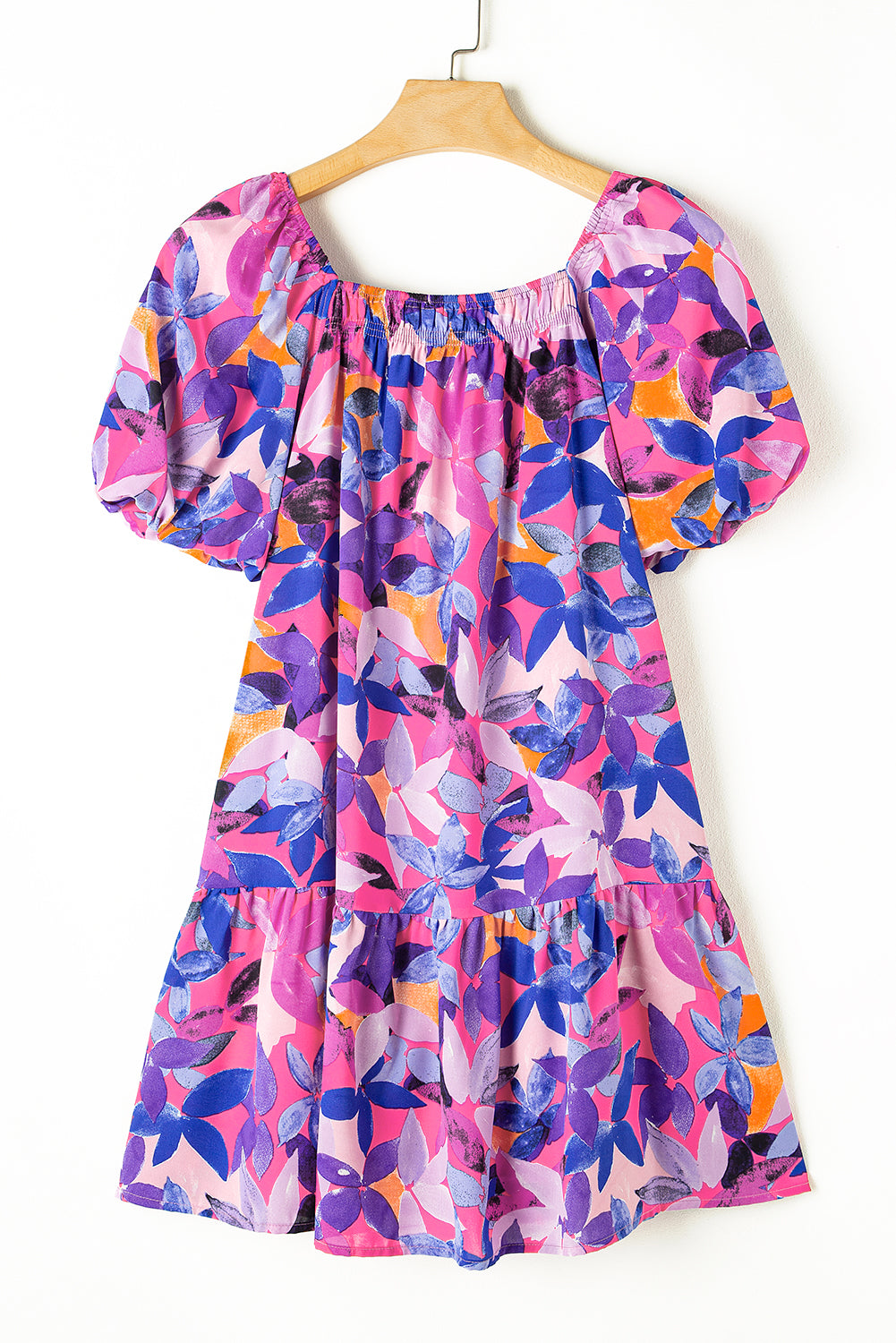 Flower Print Short Puff Sleeve Ruffled Dress | Purple