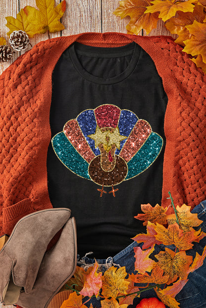 Glitter Turkey Heat Transfer Printing Thanksgiving T Shirt | Black