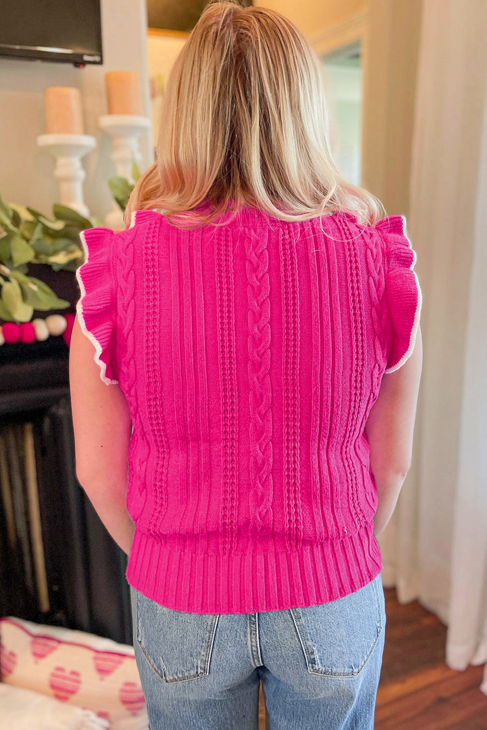 Textured Knit Ruffled Mock Neck Sweater Tank | Strawberry Pink