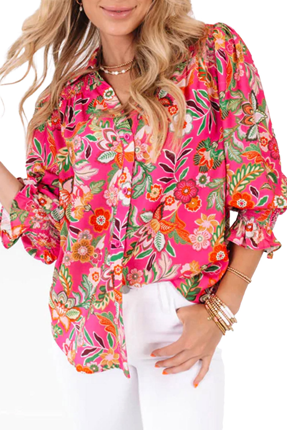 Floral Print Smocked Cuff Puff Sleeve Shirt | Strawberry Pink