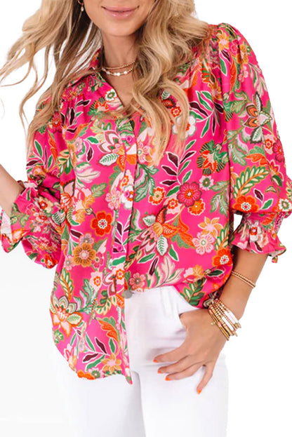 Floral Print Smocked Cuff Puff Sleeve Shirt | Strawberry Pink