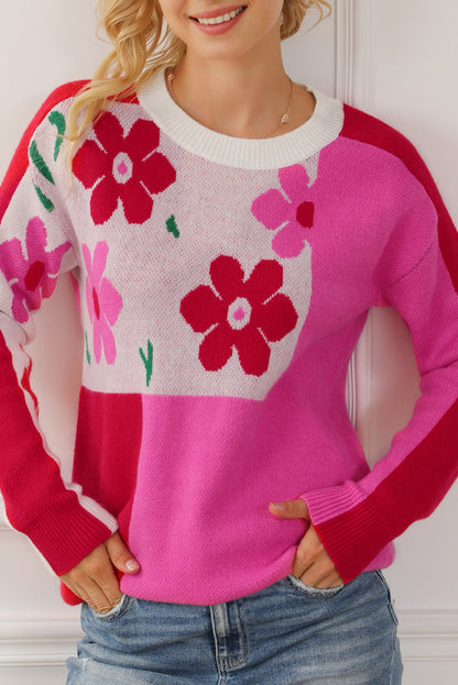 Floral Mixed Colour Block Sweater | Rose Red