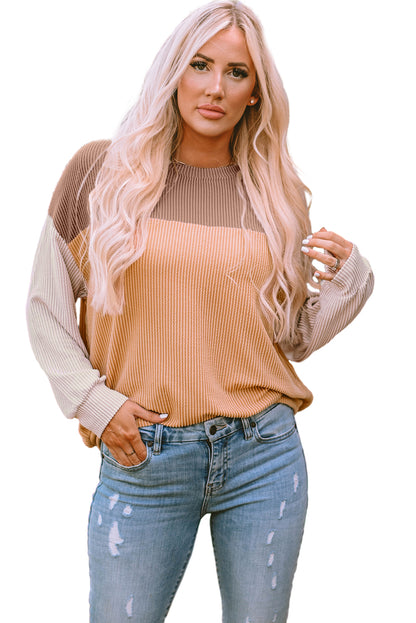 Colour Block Long Sleeve Ribbed Loose Top | Khaki