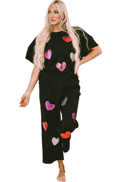 Sequin Heart Popping Graphic Textured 2Pcs Outfit | Black