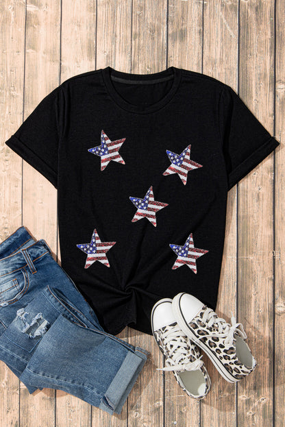 Sequined American Flag Star Graphic T Shirt | Black