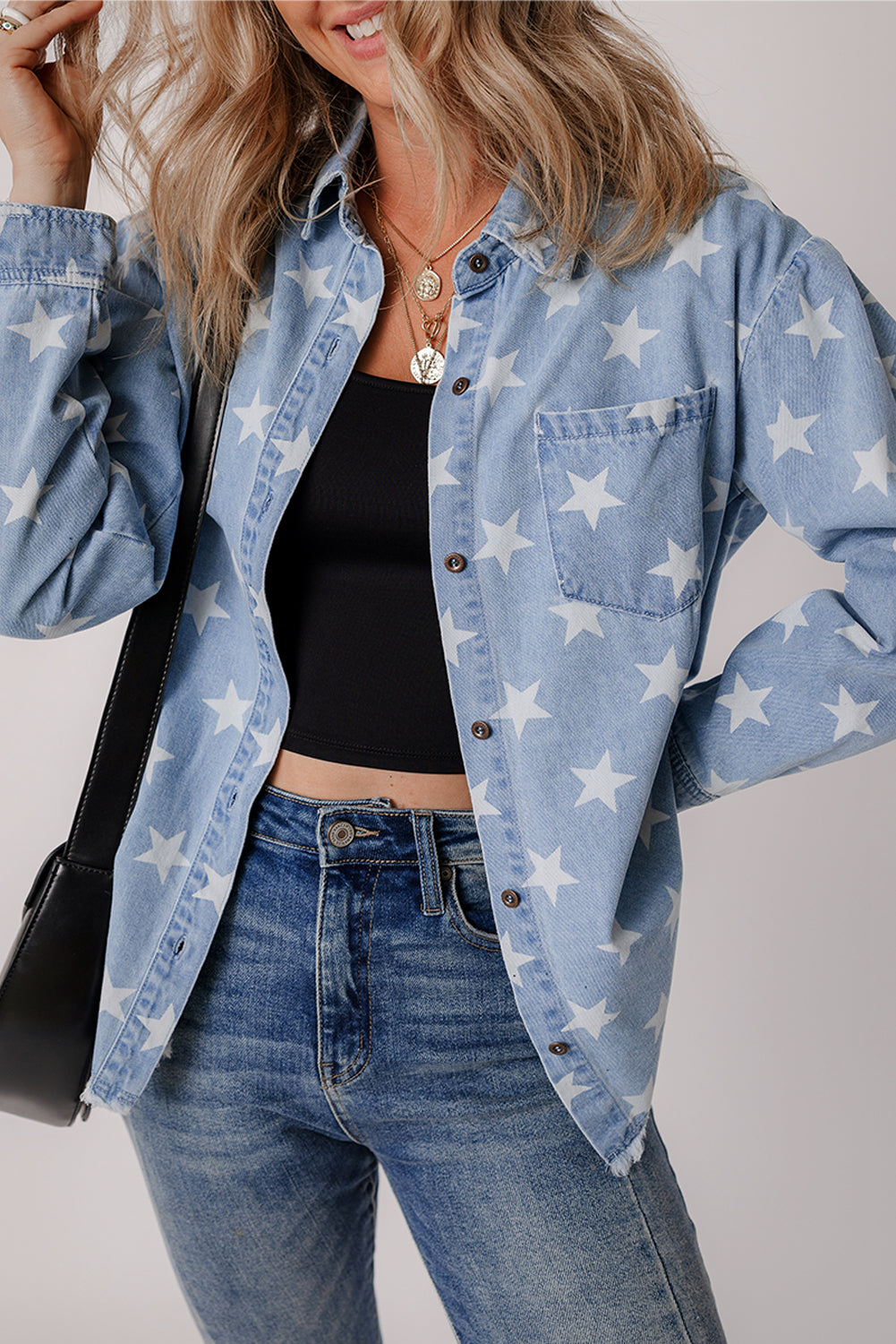 Star Print Light Wash Raw Hem Denim Jacket | Sky Blue