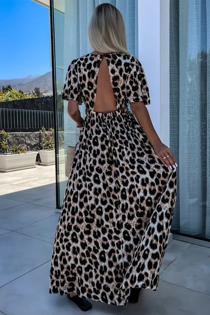 Leopard V Neck Cinched High Waist Open Back Maxi Dress | Khaki