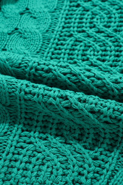 Cable Knit V Neck Contrast Drawstring Hooded Sweater | Sea Green