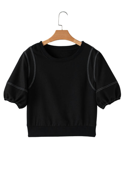 Contrast Stitches Detail Puffy Half Sleeve Blouse | Black