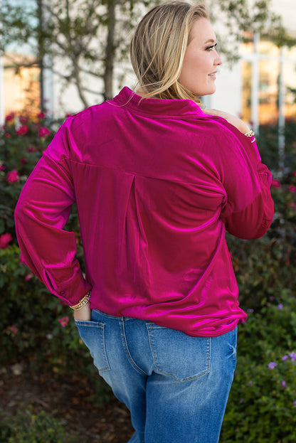 Plus Size Velvet Chest Pocket Drop Shoulder Shirt | Bright Pink