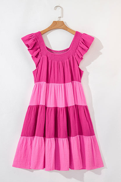 Crinkled Colourblock Patchwork Flutter Tiered Mini Dress | Pink