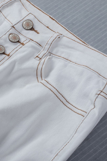 Light Washed Distressed Slits Button Fly Flare Jeans | White