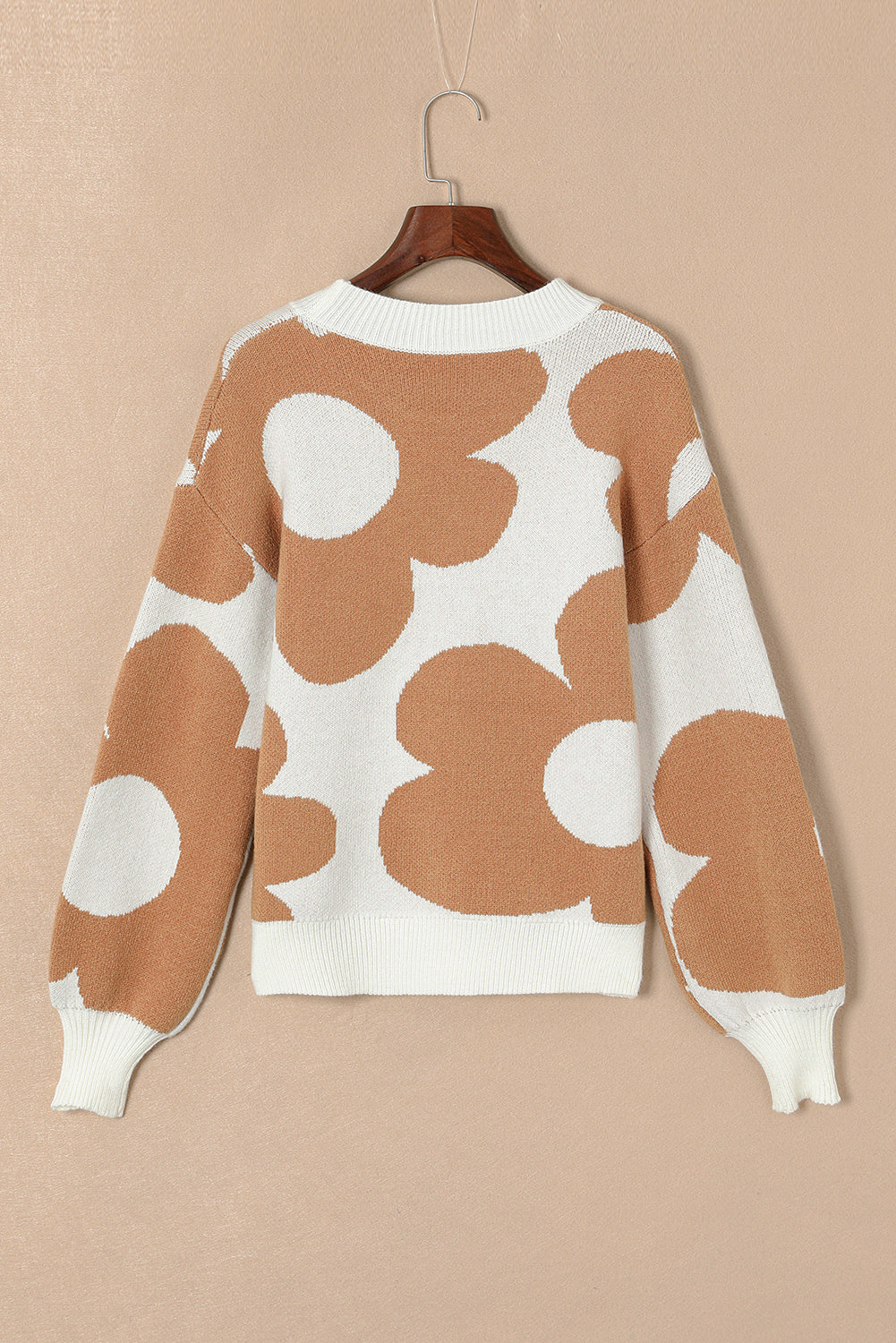 Big Flower Pattern Drop Shoulder Sweater | Khaki