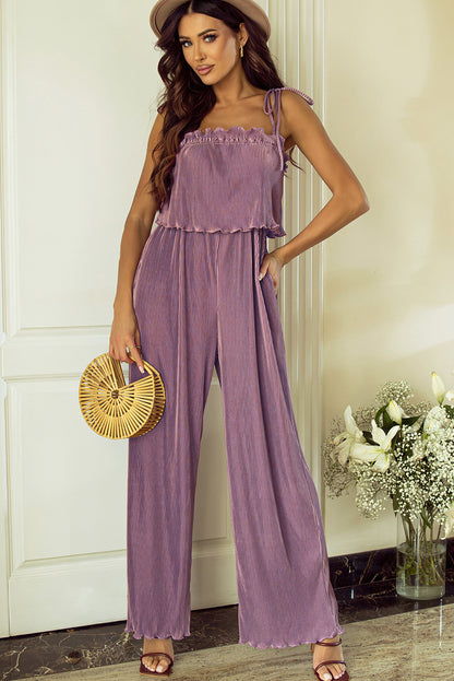 Solid Self Tied Straps Pleated Wide Leg Jumpsuit | Rose Tan