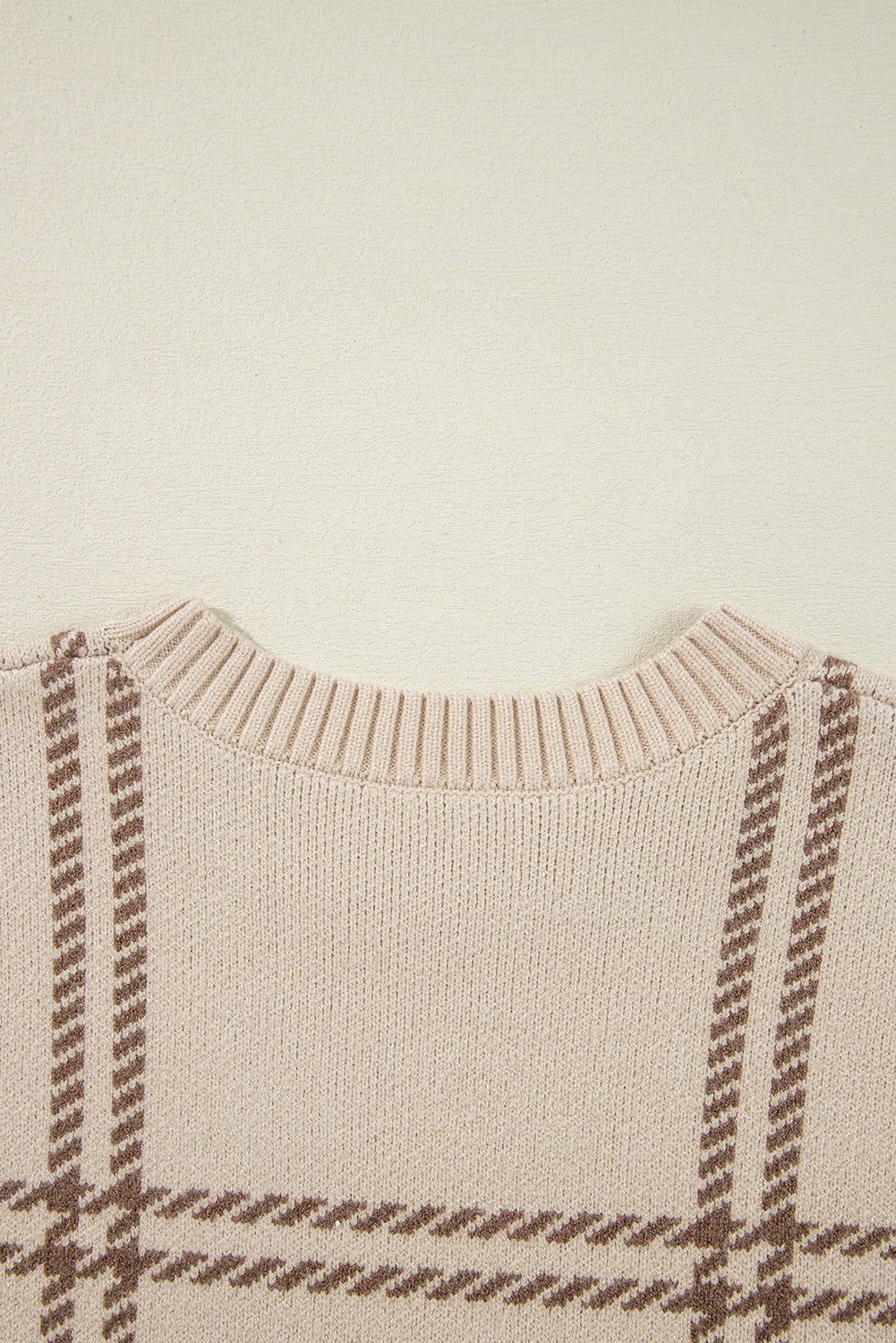 Plaid Pattern Knitted Drop Shoulder Sweater | Khaki