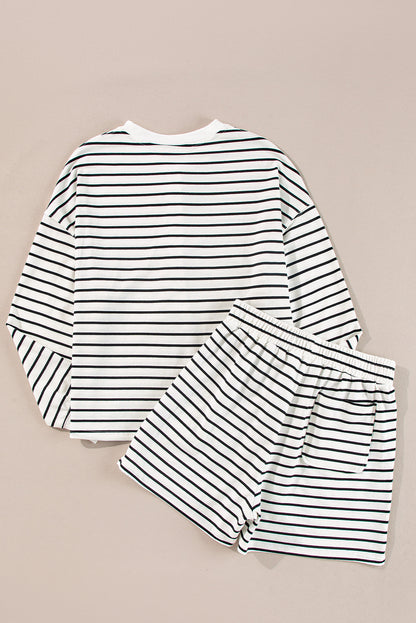 Black White Stripes Printed Half Button Long Sleeve Top And Shorts Set | Black white