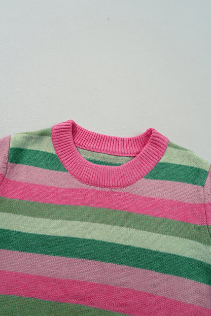 Colour Block Ribbed Edge Round Neck Sweater | Green