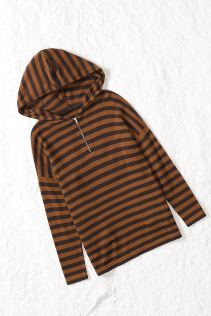 Striped Knit Quarter Zip Hoodie | Brown